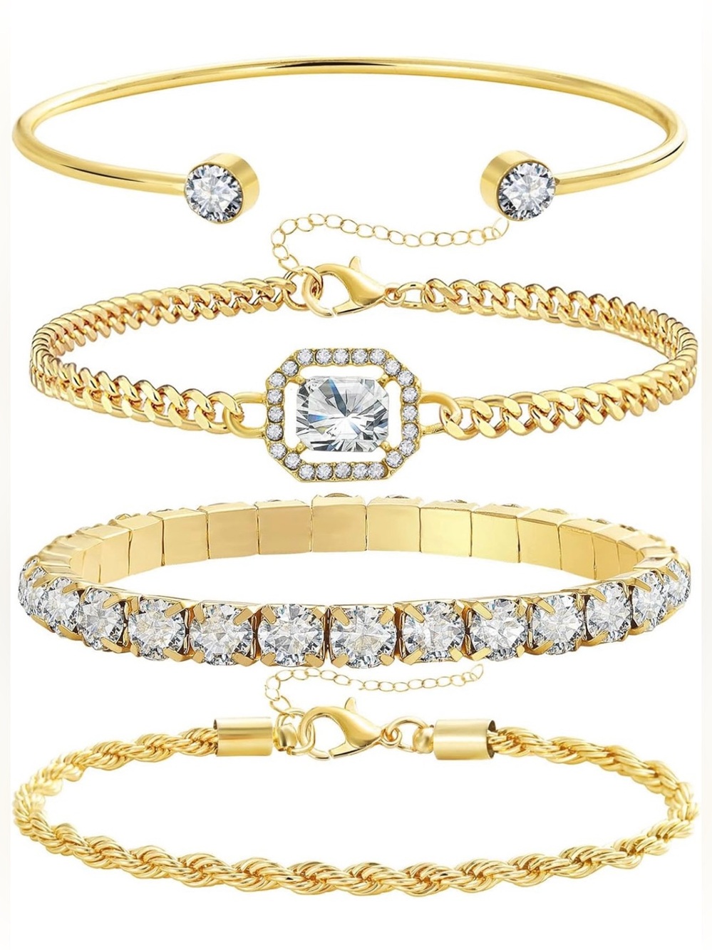 Gold Crystal Bracelet Set - Women's 4-Piece Stack